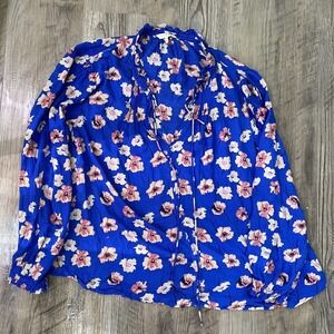 Lucky Brand Floral Long Sleeve Blouse Top Size Large Blue L Bright Royal Boho